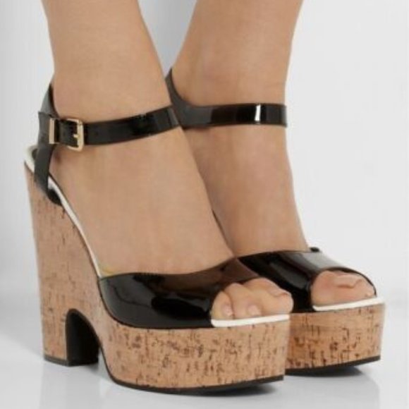 Authentic Fendi Black Leather Ankle Strap Cork Wedge Platform Heels Size 38/US 8 - Picture 1 of 16